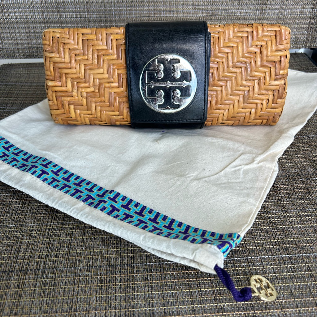 Tory Burch Bamboo Rattan Clutch Bag With Black Leather Strap Silver Logo Auth